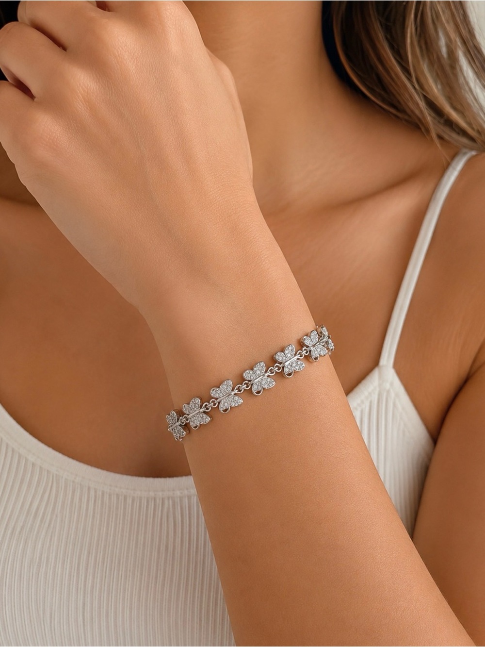 NEW!! 14k White Gold Butterfly  Link Bracelet - Women's Sparkling Bracelet 7”